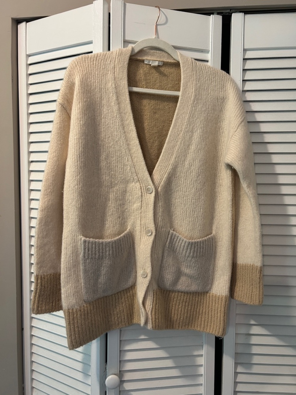 COS two tone Brushed Alpaca-wool blend Cardigan Sweater | Ivory/Sand/purple-grey